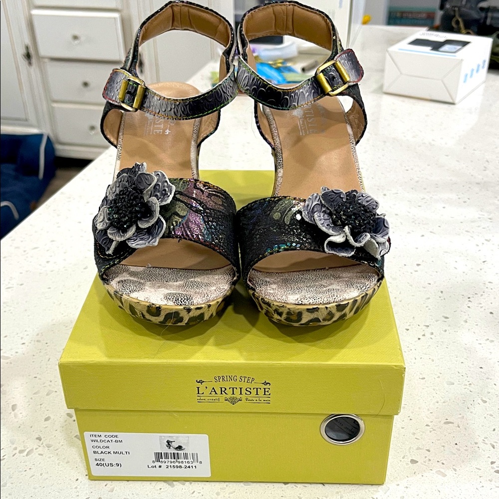 Spring Step L'ARTISTE WILDCAT SANDAL IN Black Multi NIB